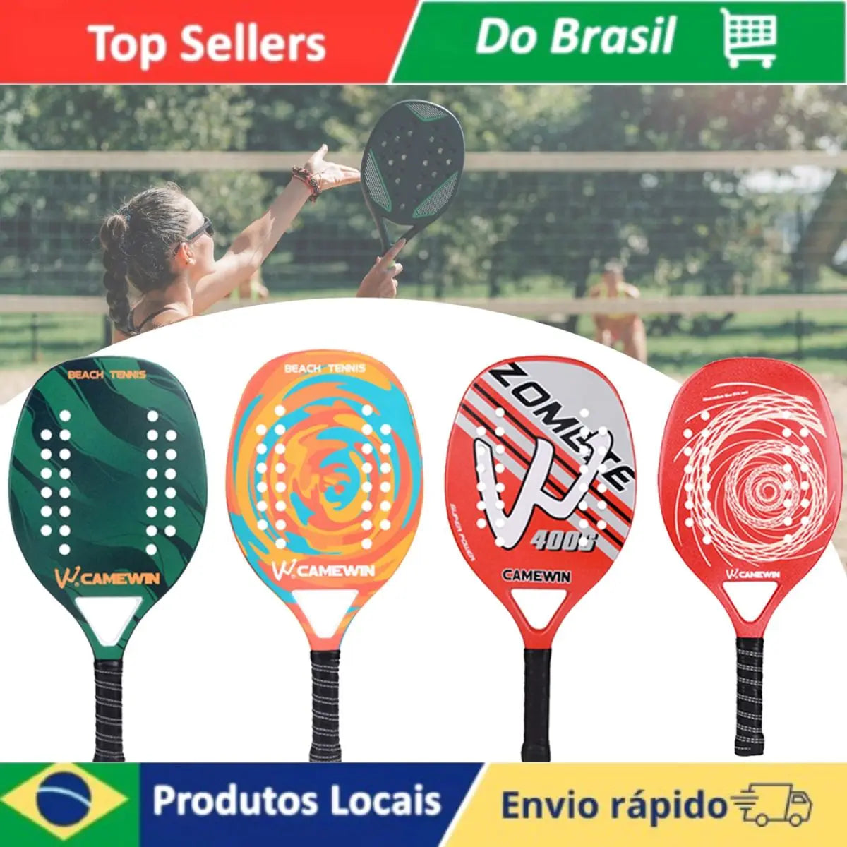 Raquete Profissional de Beach Tennis Camewin — Fibra de Carbono Leve com Capa Protetora Premium