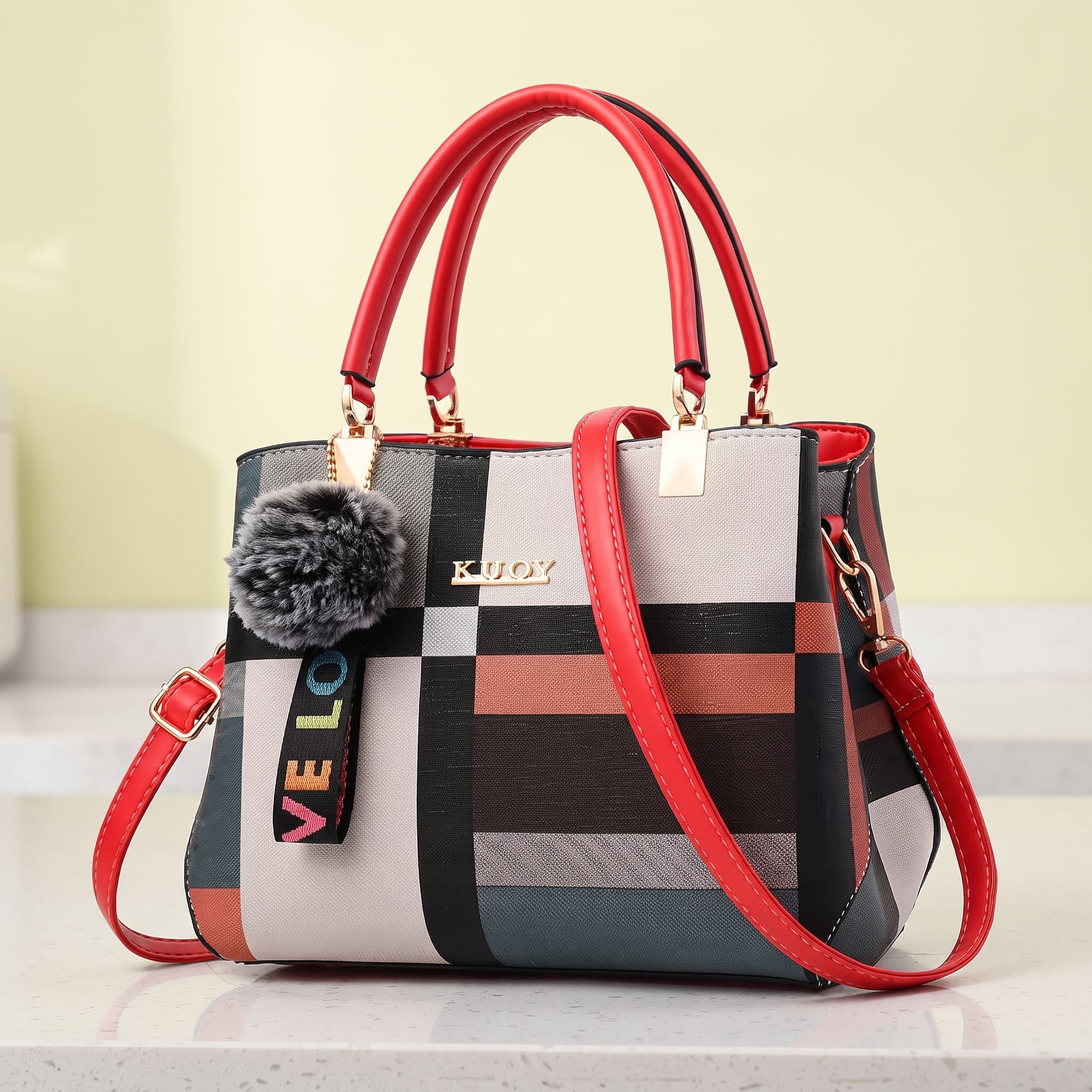 Bolsa Feminina  Alça Laranja – Coleção Xadrez