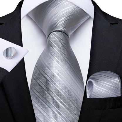 Kit Luxo Gravata Branca, Cinza e Prata com Lenço e Abotoaduras | Gravata de Seda Elegante para Casamento, Festa e Negócios | Sofisticação e Estilo Masculino Completo