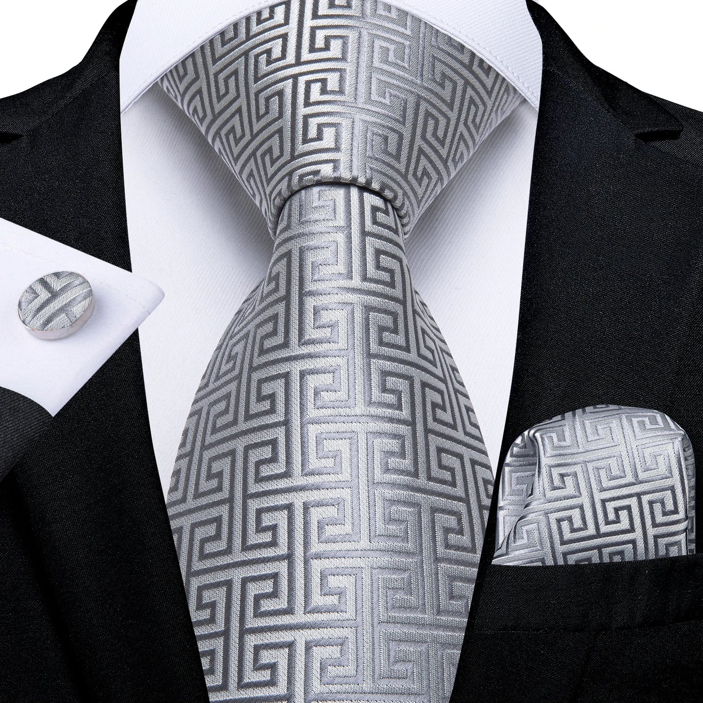 Kit Luxo Gravata Branca, Cinza e Prata com Lenço e Abotoaduras | Gravata de Seda Elegante para Casamento, Festa e Negócios | Sofisticação e Estilo Masculino Completo