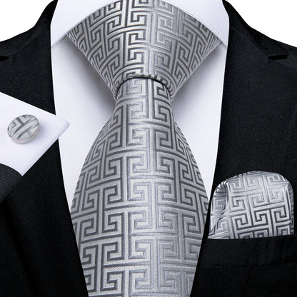 Kit Luxo Gravata Branca, Cinza e Prata com Lenço e Abotoaduras | Gravata de Seda Elegante para Casamento, Festa e Negócios | Sofisticação e Estilo Masculino Completo