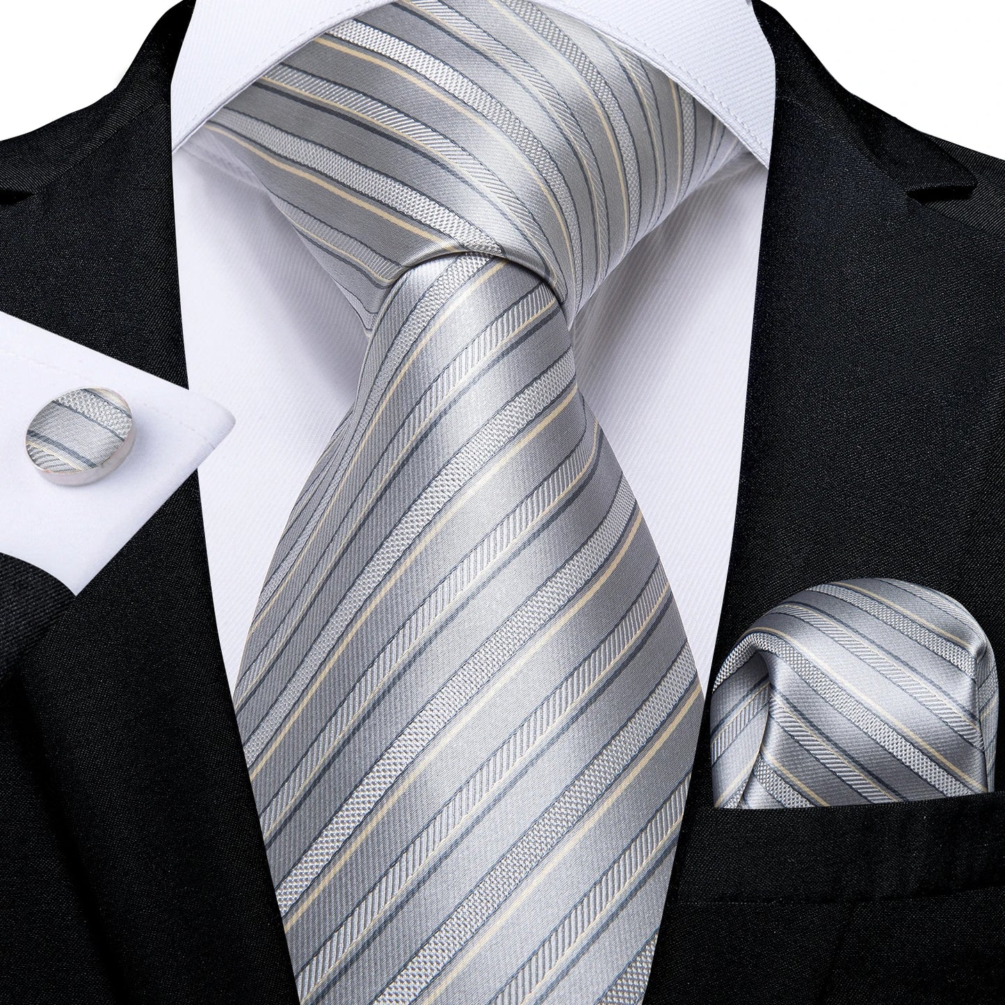 Kit Luxo Gravata Branca, Cinza e Prata com Lenço e Abotoaduras | Gravata de Seda Elegante para Casamento, Festa e Negócios | Sofisticação e Estilo Masculino Completo