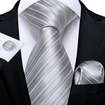 Kit Luxo Gravata Branca, Cinza e Prata com Lenço e Abotoaduras | Gravata de Seda Elegante para Casamento, Festa e Negócios | Sofisticação e Estilo Masculino Completo