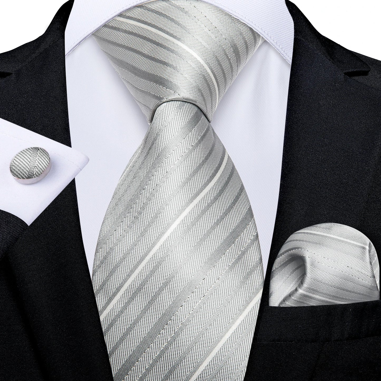 Kit Luxo Gravata Branca, Cinza e Prata com Lenço e Abotoaduras | Gravata de Seda Elegante para Casamento, Festa e Negócios | Sofisticação e Estilo Masculino Completo