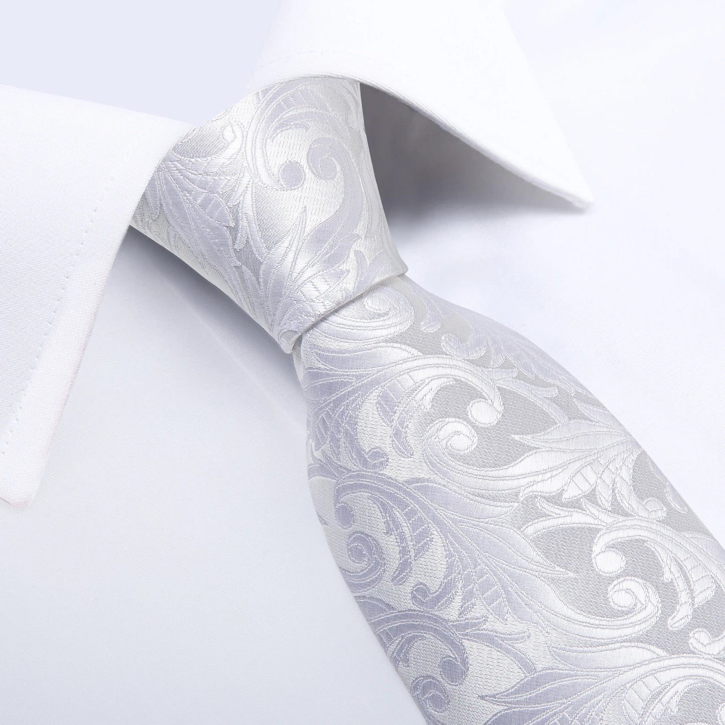 Kit Luxo Gravata Branca, Cinza e Prata com Lenço e Abotoaduras | Gravata de Seda Elegante para Casamento, Festa e Negócios | Sofisticação e Estilo Masculino Completo