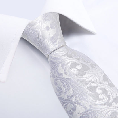 Kit Luxo Gravata Branca, Cinza e Prata com Lenço e Abotoaduras | Gravata de Seda Elegante para Casamento, Festa e Negócios | Sofisticação e Estilo Masculino Completo
