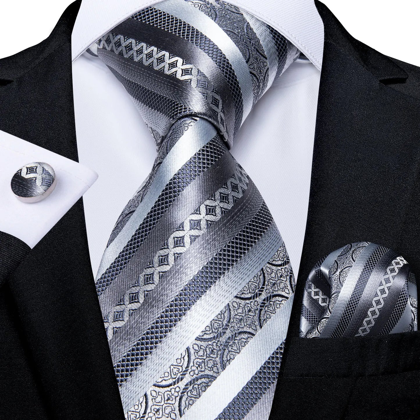 Kit Luxo Gravata Branca, Cinza e Prata com Lenço e Abotoaduras | Gravata de Seda Elegante para Casamento, Festa e Negócios | Sofisticação e Estilo Masculino Completo