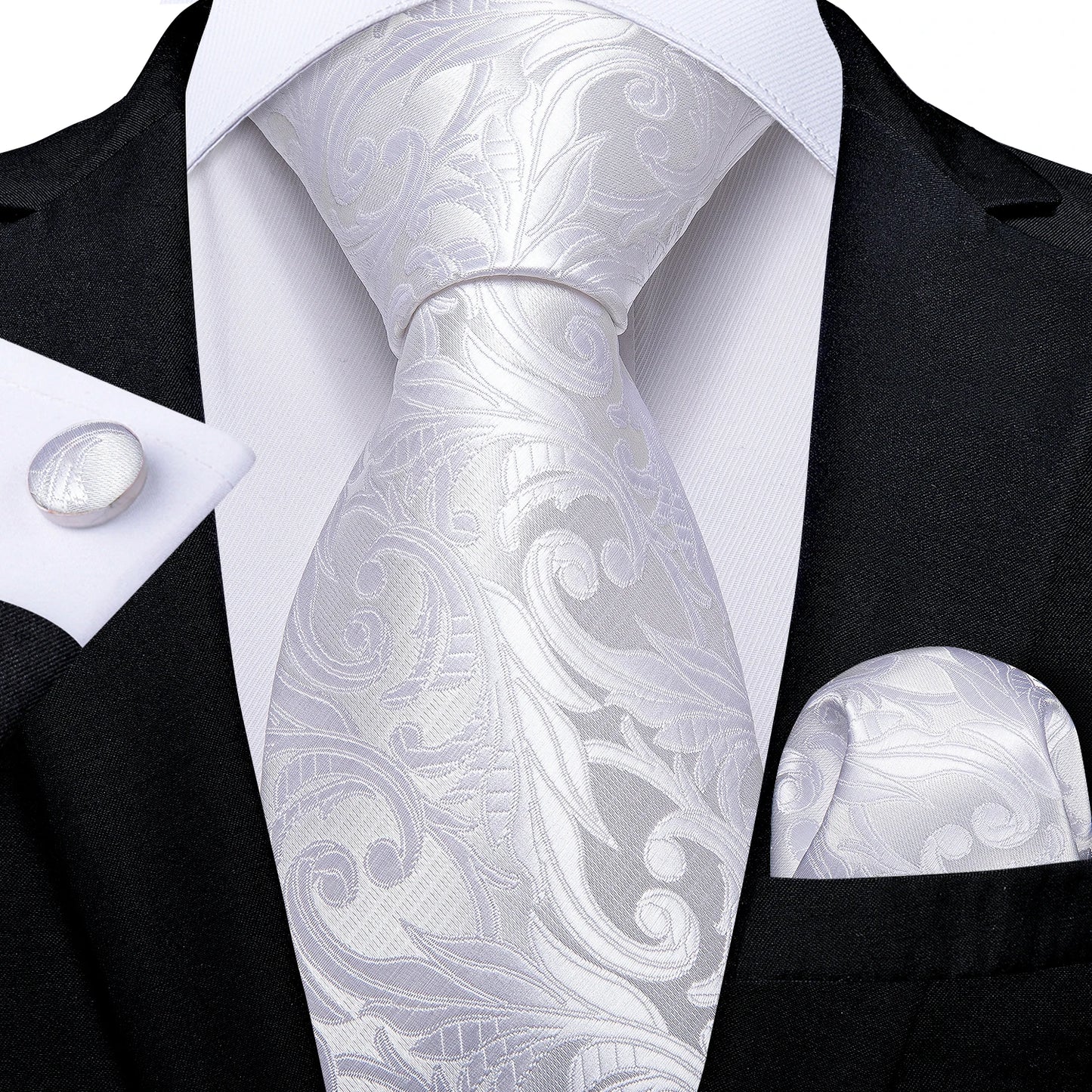 Kit Luxo Gravata Branca, Cinza e Prata com Lenço e Abotoaduras | Gravata de Seda Elegante para Casamento, Festa e Negócios | Sofisticação e Estilo Masculino Completo