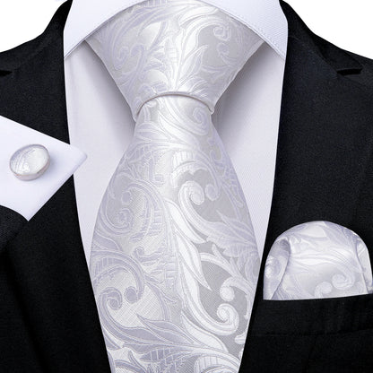 Kit Luxo Gravata Branca, Cinza e Prata com Lenço e Abotoaduras | Gravata de Seda Elegante para Casamento, Festa e Negócios | Sofisticação e Estilo Masculino Completo