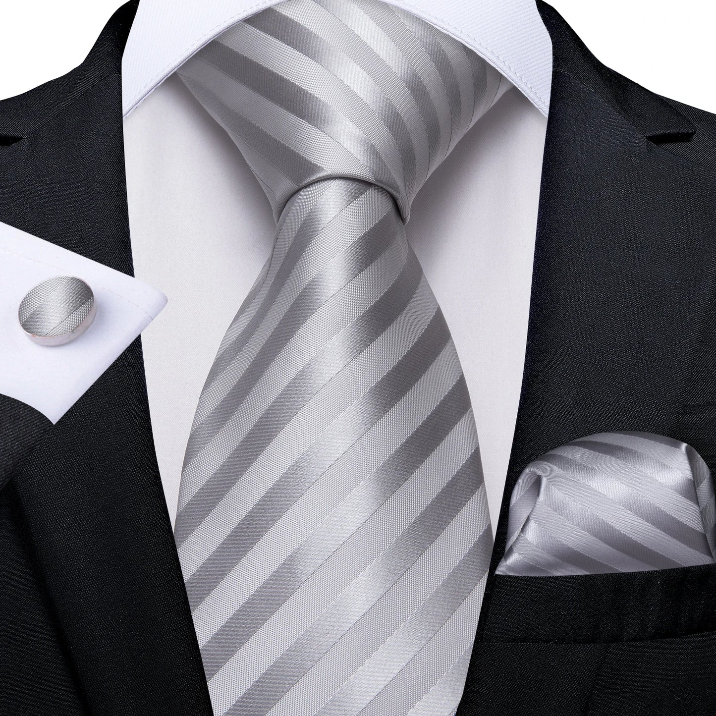Kit Luxo Gravata Branca, Cinza e Prata com Lenço e Abotoaduras | Gravata de Seda Elegante para Casamento, Festa e Negócios | Sofisticação e Estilo Masculino Completo
