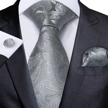 Kit Luxo Gravata Branca, Cinza e Prata com Lenço e Abotoaduras | Gravata de Seda Elegante para Casamento, Festa e Negócios | Sofisticação e Estilo Masculino Completo