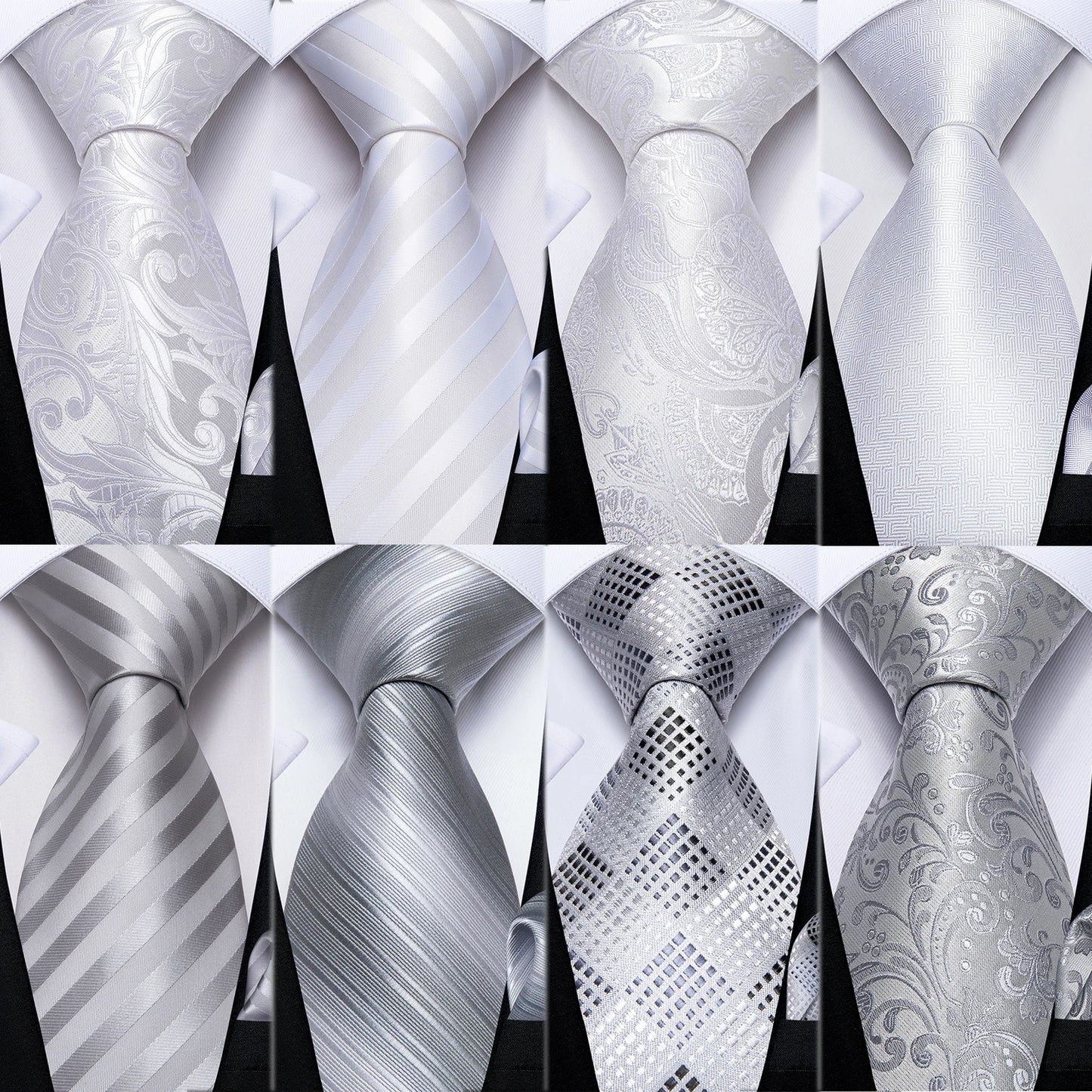 Kit Luxo Gravata Branca, Cinza e Prata com Lenço e Abotoaduras | Gravata de Seda Elegante para Casamento, Festa e Negócios | Sofisticação e Estilo Masculino Completo