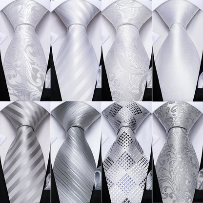 Kit Luxo Gravata Branca, Cinza e Prata com Lenço e Abotoaduras | Gravata de Seda Elegante para Casamento, Festa e Negócios | Sofisticação e Estilo Masculino Completo