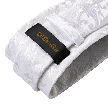 Kit Luxo Gravata Branca, Cinza e Prata com Lenço e Abotoaduras | Gravata de Seda Elegante para Casamento, Festa e Negócios | Sofisticação e Estilo Masculino Completo