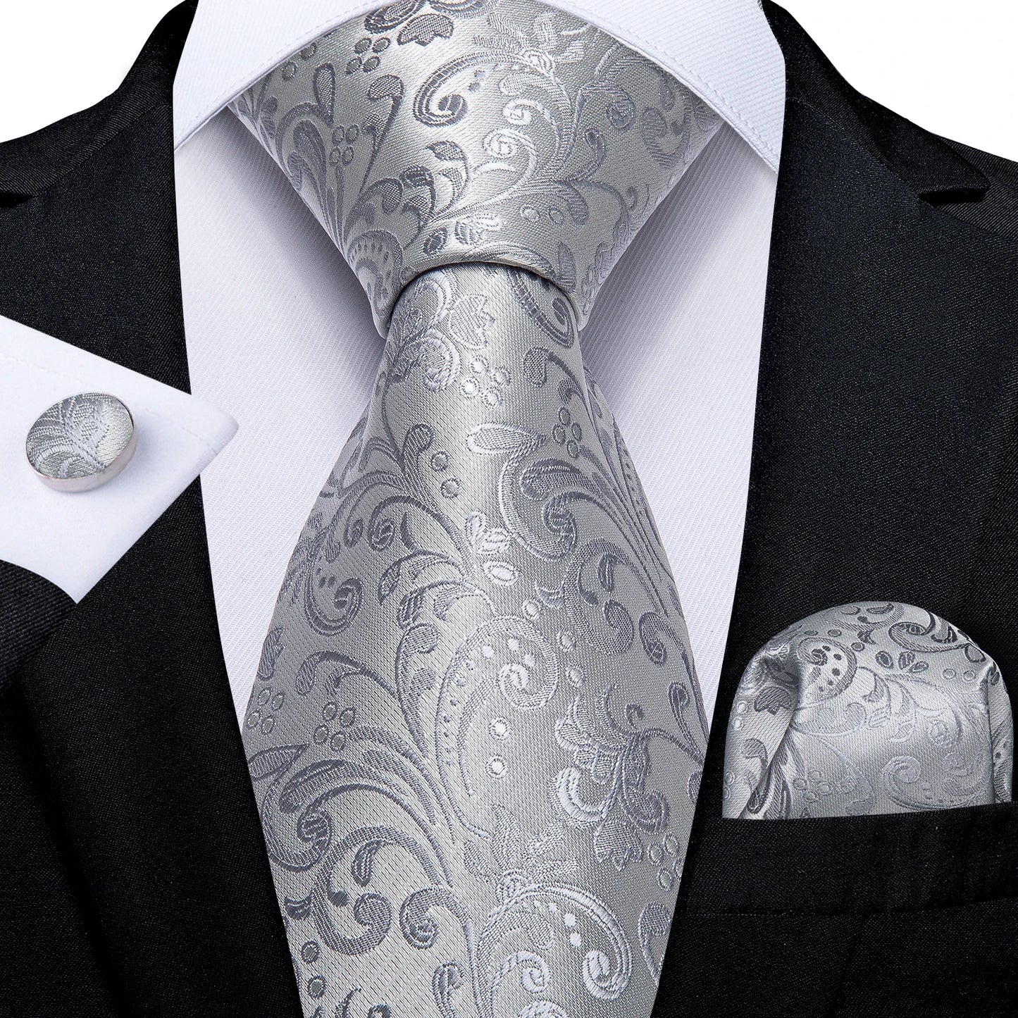 Kit Luxo Gravata Branca, Cinza e Prata com Lenço e Abotoaduras | Gravata de Seda Elegante para Casamento, Festa e Negócios | Sofisticação e Estilo Masculino Completo