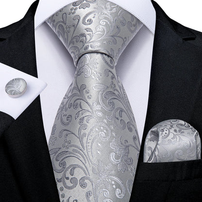 Kit Luxo Gravata Branca, Cinza e Prata com Lenço e Abotoaduras | Gravata de Seda Elegante para Casamento, Festa e Negócios | Sofisticação e Estilo Masculino Completo