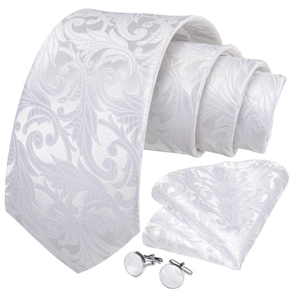 Kit Luxo Gravata Branca, Cinza e Prata com Lenço e Abotoaduras | Gravata de Seda Elegante para Casamento, Festa e Negócios | Sofisticação e Estilo Masculino Completo