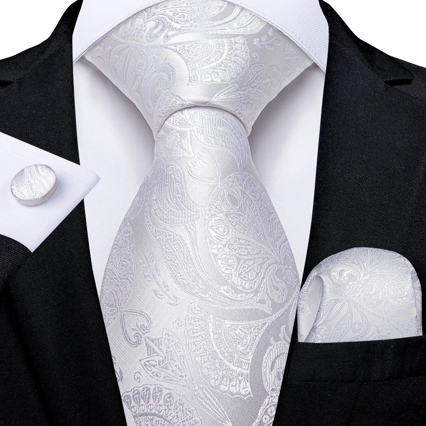 Kit Luxo Gravata Branca, Cinza e Prata com Lenço e Abotoaduras | Gravata de Seda Elegante para Casamento, Festa e Negócios | Sofisticação e Estilo Masculino Completo