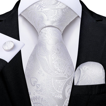 Kit Luxo Gravata Branca, Cinza e Prata com Lenço e Abotoaduras | Gravata de Seda Elegante para Casamento, Festa e Negócios | Sofisticação e Estilo Masculino Completo