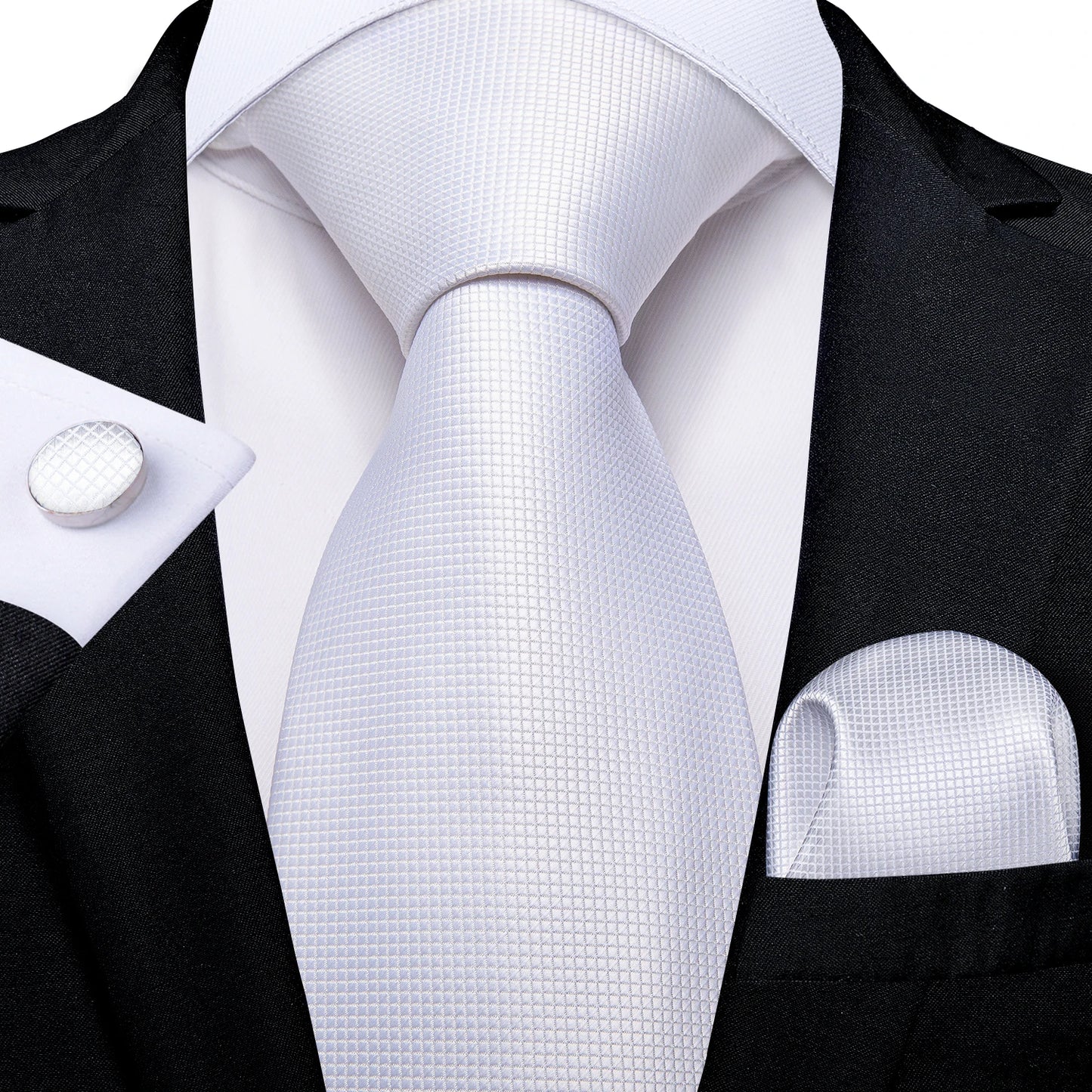Kit Luxo Gravata Branca, Cinza e Prata com Lenço e Abotoaduras | Gravata de Seda Elegante para Casamento, Festa e Negócios | Sofisticação e Estilo Masculino Completo