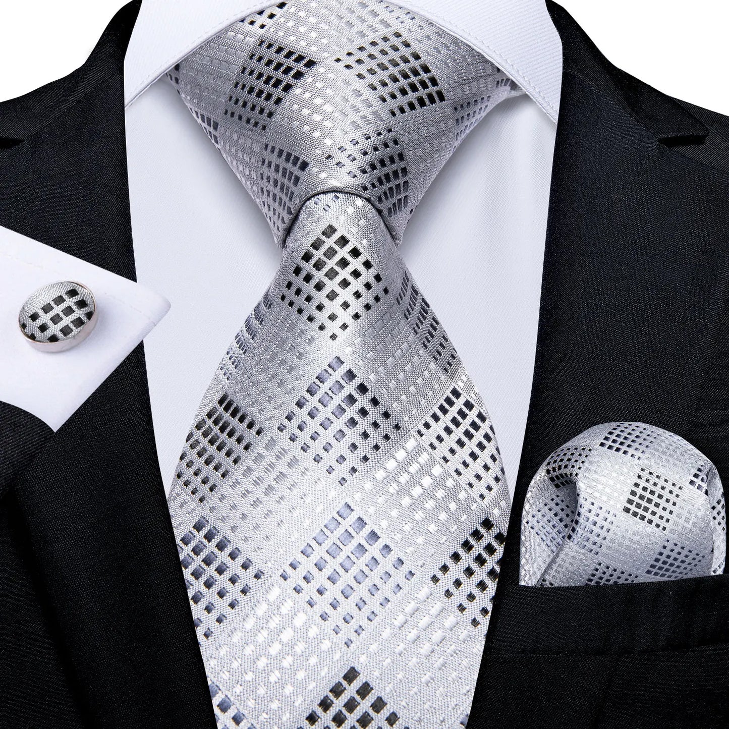 Kit Luxo Gravata Branca, Cinza e Prata com Lenço e Abotoaduras | Gravata de Seda Elegante para Casamento, Festa e Negócios | Sofisticação e Estilo Masculino Completo