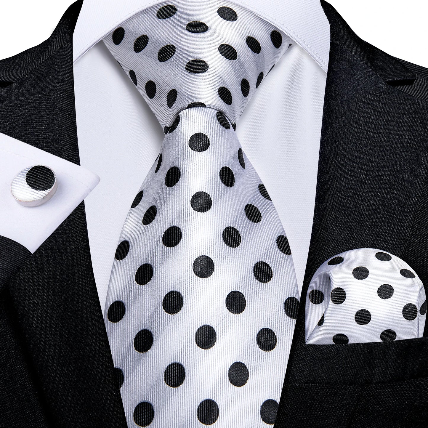 Kit Luxo Gravata Branca, Cinza e Prata com Lenço e Abotoaduras | Gravata de Seda Elegante para Casamento, Festa e Negócios | Sofisticação e Estilo Masculino Completo