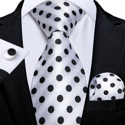 Kit Luxo Gravata Branca, Cinza e Prata com Lenço e Abotoaduras | Gravata de Seda Elegante para Casamento, Festa e Negócios | Sofisticação e Estilo Masculino Completo