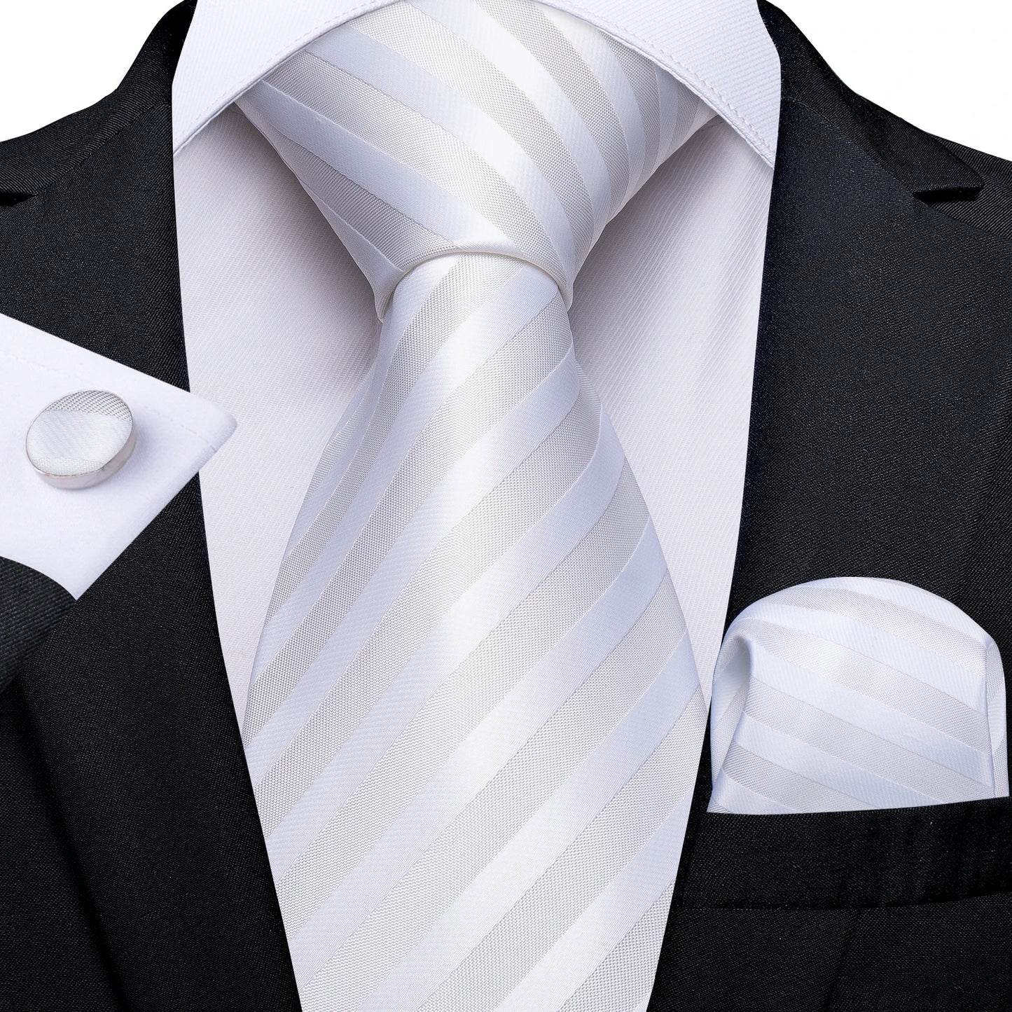 Kit Luxo Gravata Branca, Cinza e Prata com Lenço e Abotoaduras | Gravata de Seda Elegante para Casamento, Festa e Negócios | Sofisticação e Estilo Masculino Completo