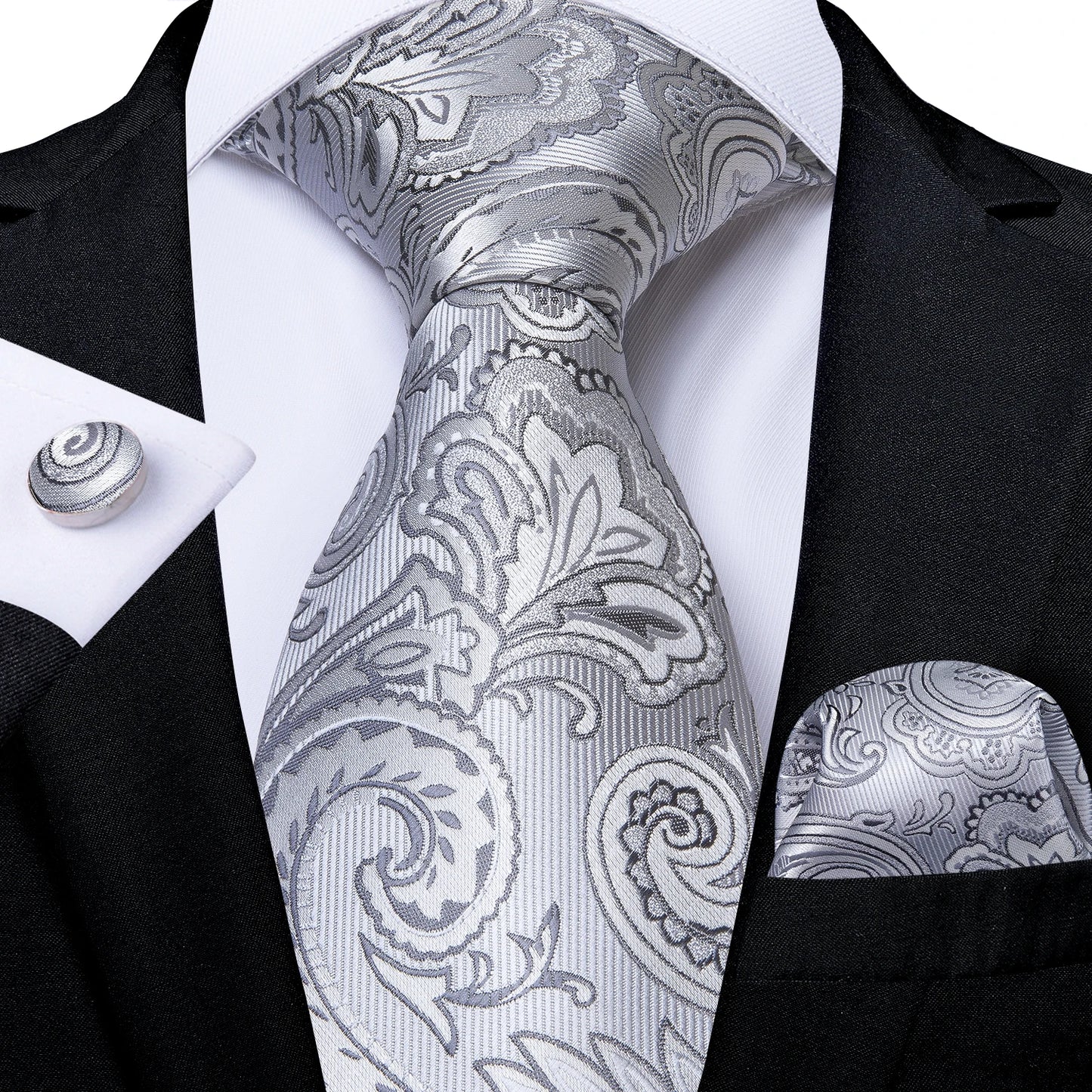 Kit Luxo Gravata Branca, Cinza e Prata com Lenço e Abotoaduras | Gravata de Seda Elegante para Casamento, Festa e Negócios | Sofisticação e Estilo Masculino Completo