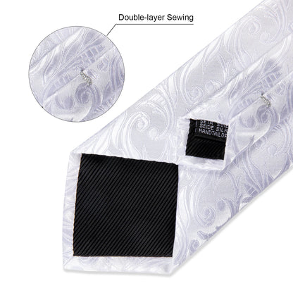 Kit Luxo Gravata Branca, Cinza e Prata com Lenço e Abotoaduras | Gravata de Seda Elegante para Casamento, Festa e Negócios | Sofisticação e Estilo Masculino Completo
