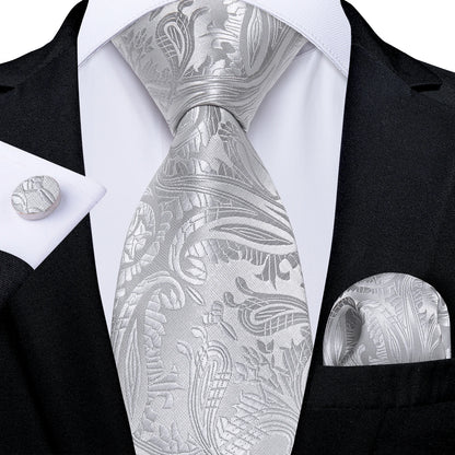 Kit Luxo Gravata Branca, Cinza e Prata com Lenço e Abotoaduras | Gravata de Seda Elegante para Casamento, Festa e Negócios | Sofisticação e Estilo Masculino Completo