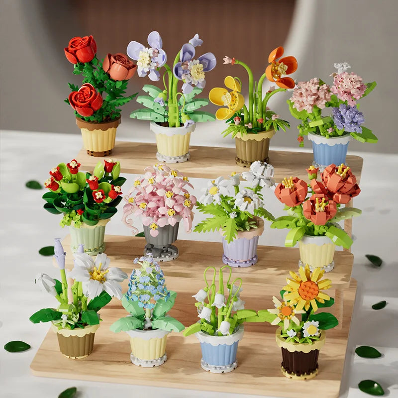 Buquê de Flores em Blocos de Montar – Presente Decorativo com Rosas e Girassóis