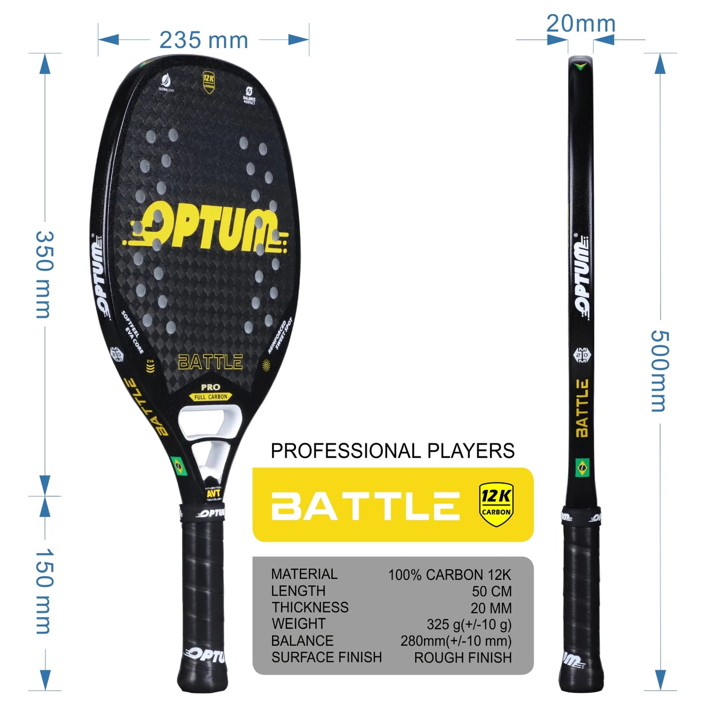 Raquete Profissional OPTUM BATTLE CARBONO 12K — Fibra de Carbono com Superfície Rugosa e Capa Premium