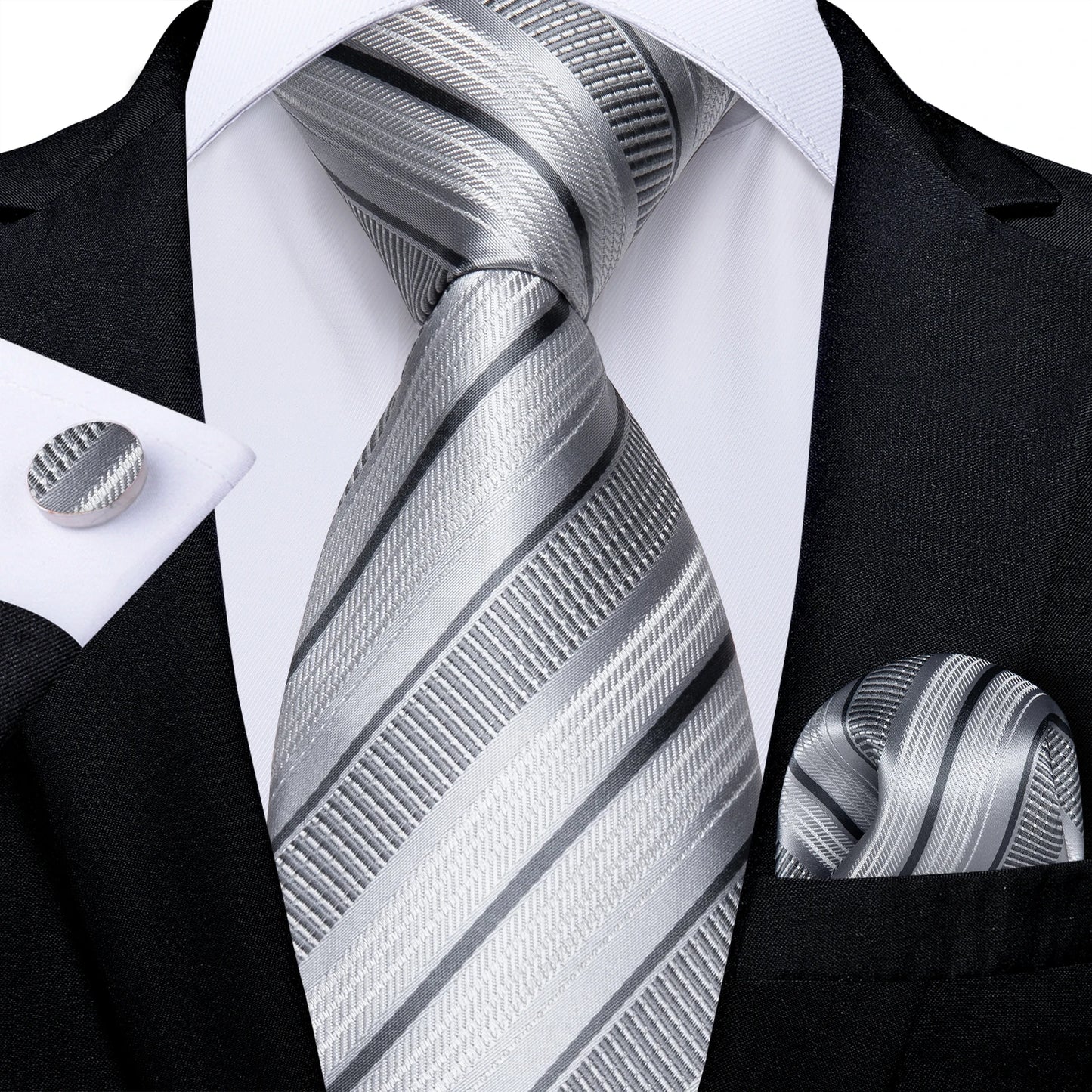 Kit Luxo Gravata Branca, Cinza e Prata com Lenço e Abotoaduras | Gravata de Seda Elegante para Casamento, Festa e Negócios | Sofisticação e Estilo Masculino Completo
