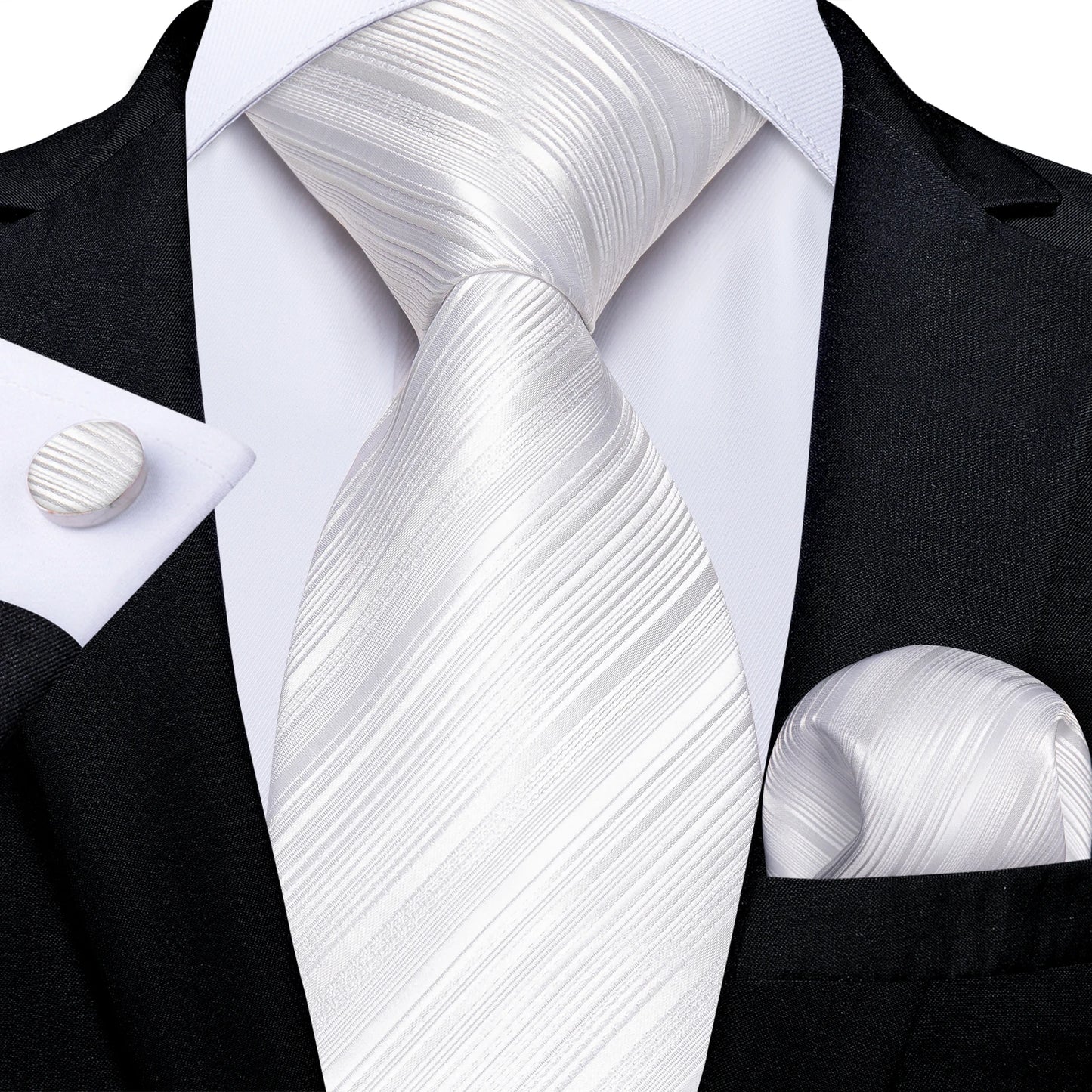 Kit Luxo Gravata Branca, Cinza e Prata com Lenço e Abotoaduras | Gravata de Seda Elegante para Casamento, Festa e Negócios | Sofisticação e Estilo Masculino Completo