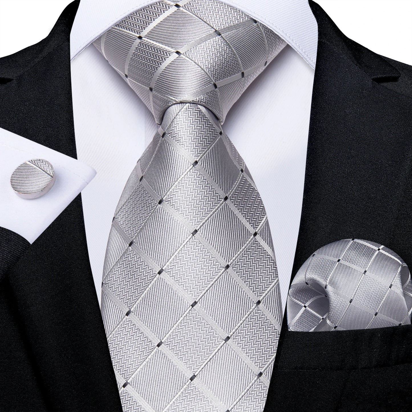 Kit Luxo Gravata Branca, Cinza e Prata com Lenço e Abotoaduras | Gravata de Seda Elegante para Casamento, Festa e Negócios | Sofisticação e Estilo Masculino Completo
