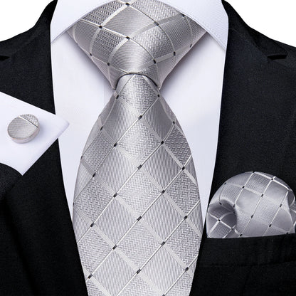 Kit Luxo Gravata Branca, Cinza e Prata com Lenço e Abotoaduras | Gravata de Seda Elegante para Casamento, Festa e Negócios | Sofisticação e Estilo Masculino Completo