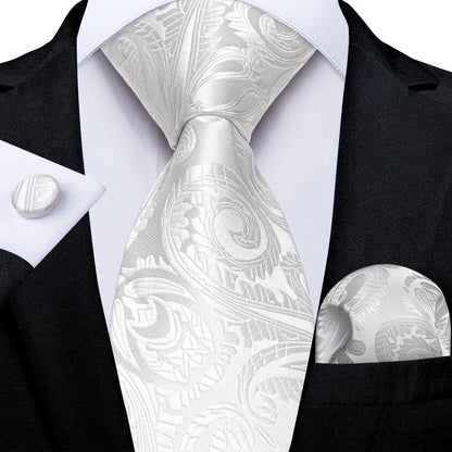 Kit Luxo Gravata Branca, Cinza e Prata com Lenço e Abotoaduras | Gravata de Seda Elegante para Casamento, Festa e Negócios | Sofisticação e Estilo Masculino Completo