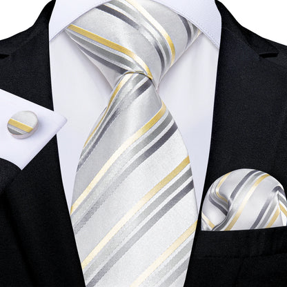 Kit Luxo Gravata Branca, Cinza e Prata com Lenço e Abotoaduras | Gravata de Seda Elegante para Casamento, Festa e Negócios | Sofisticação e Estilo Masculino Completo