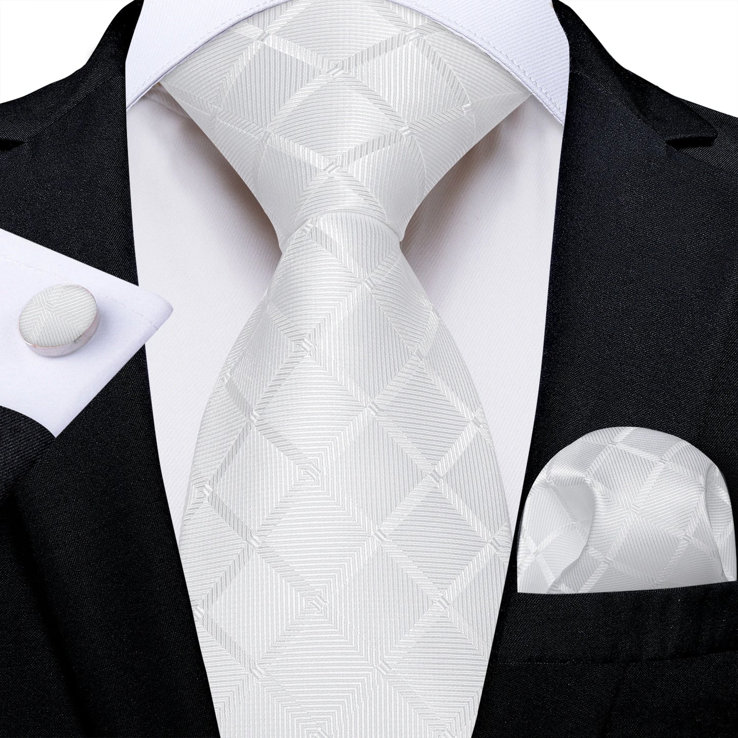 Kit Luxo Gravata Branca, Cinza e Prata com Lenço e Abotoaduras | Gravata de Seda Elegante para Casamento, Festa e Negócios | Sofisticação e Estilo Masculino Completo