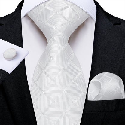 Kit Luxo Gravata Branca, Cinza e Prata com Lenço e Abotoaduras | Gravata de Seda Elegante para Casamento, Festa e Negócios | Sofisticação e Estilo Masculino Completo