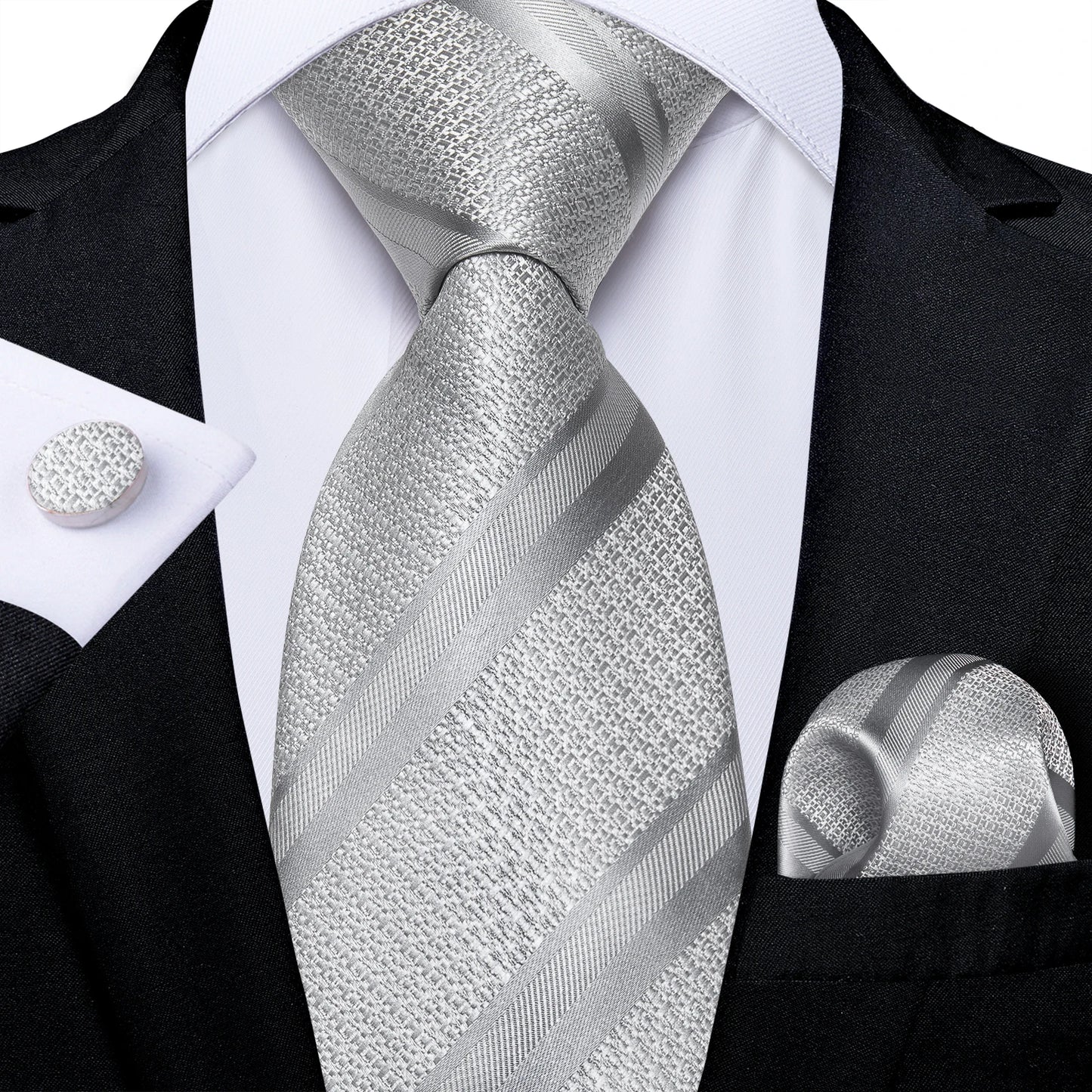 Kit Luxo Gravata Branca, Cinza e Prata com Lenço e Abotoaduras | Gravata de Seda Elegante para Casamento, Festa e Negócios | Sofisticação e Estilo Masculino Completo
