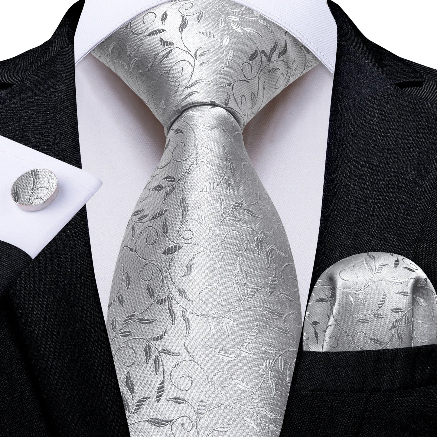 Kit Luxo Gravata Branca, Cinza e Prata com Lenço e Abotoaduras | Gravata de Seda Elegante para Casamento, Festa e Negócios | Sofisticação e Estilo Masculino Completo