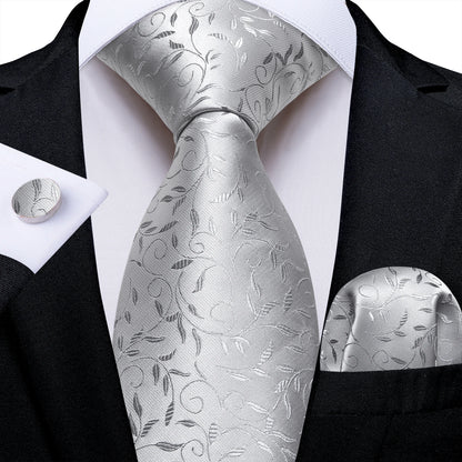 Kit Luxo Gravata Branca, Cinza e Prata com Lenço e Abotoaduras | Gravata de Seda Elegante para Casamento, Festa e Negócios | Sofisticação e Estilo Masculino Completo