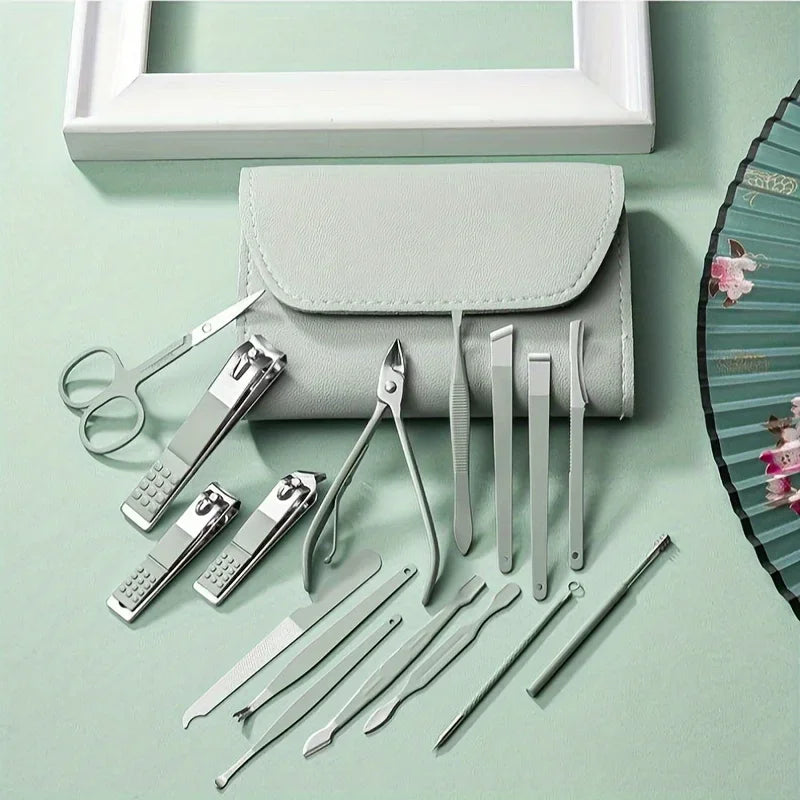 Kit Manicure e Pedicure Profissional com 16 Peças — Cortadores de Unha, Alicates e Estojo Premium para Viagem