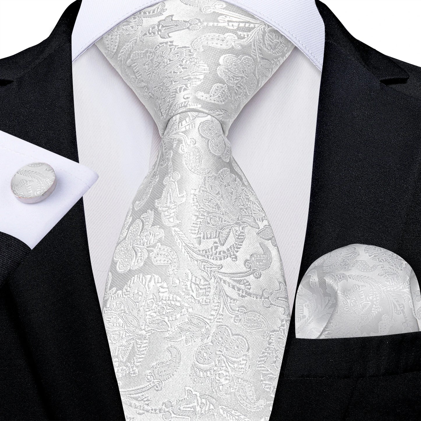 Kit Luxo Gravata Branca, Cinza e Prata com Lenço e Abotoaduras | Gravata de Seda Elegante para Casamento, Festa e Negócios | Sofisticação e Estilo Masculino Completo