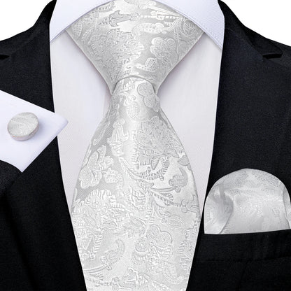 Kit Luxo Gravata Branca, Cinza e Prata com Lenço e Abotoaduras | Gravata de Seda Elegante para Casamento, Festa e Negócios | Sofisticação e Estilo Masculino Completo