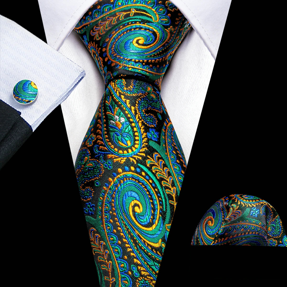 Conjunto Premium de Gravata de Seda Masculina com Lenço e Abotoaduras — Elegante para Casamento, Festa e Social