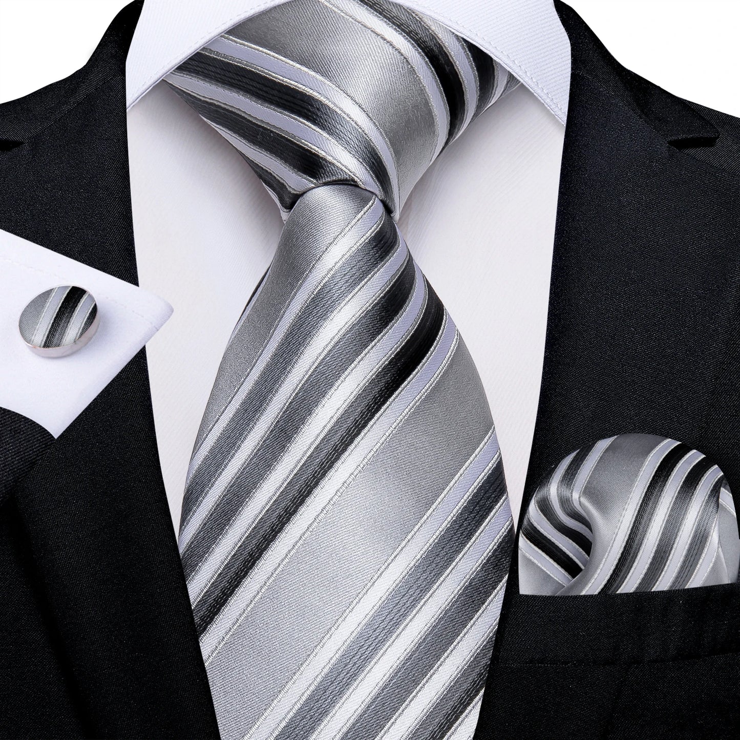Kit Luxo Gravata Branca, Cinza e Prata com Lenço e Abotoaduras | Gravata de Seda Elegante para Casamento, Festa e Negócios | Sofisticação e Estilo Masculino Completo