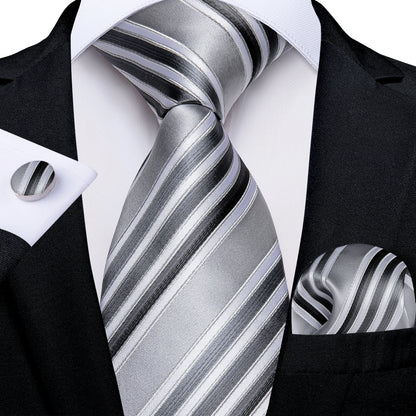 Kit Luxo Gravata Branca, Cinza e Prata com Lenço e Abotoaduras | Gravata de Seda Elegante para Casamento, Festa e Negócios | Sofisticação e Estilo Masculino Completo
